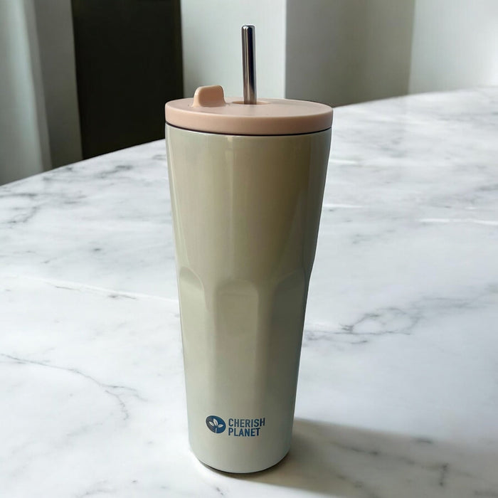 Cherish Planet Beige Thermos Cup with Built - in Straw 700ml - Large Capacity, Leak - Proof, Stylish - Cherish Home