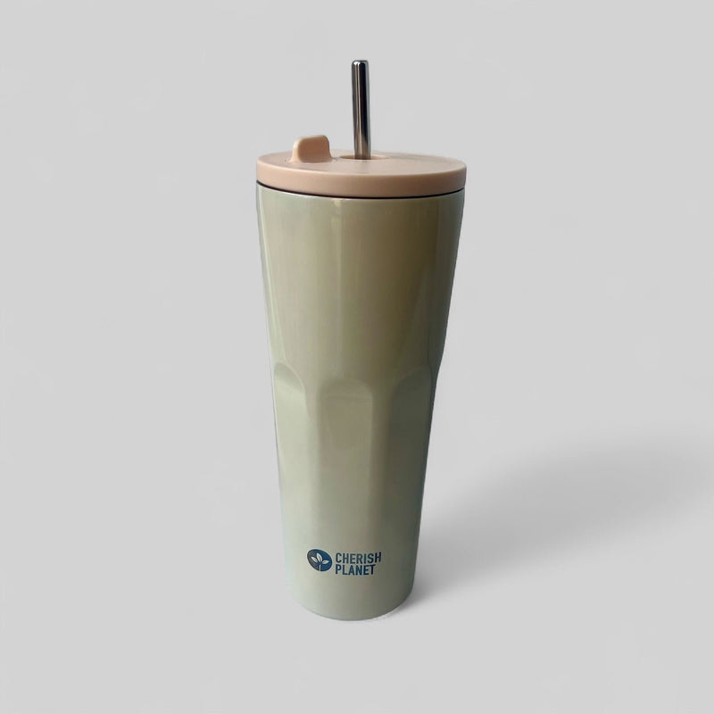 Cherish Planet Beige Thermos Cup with Built - in Straw 700ml - Large Capacity, Leak - Proof, Stylish - Cherish Home
