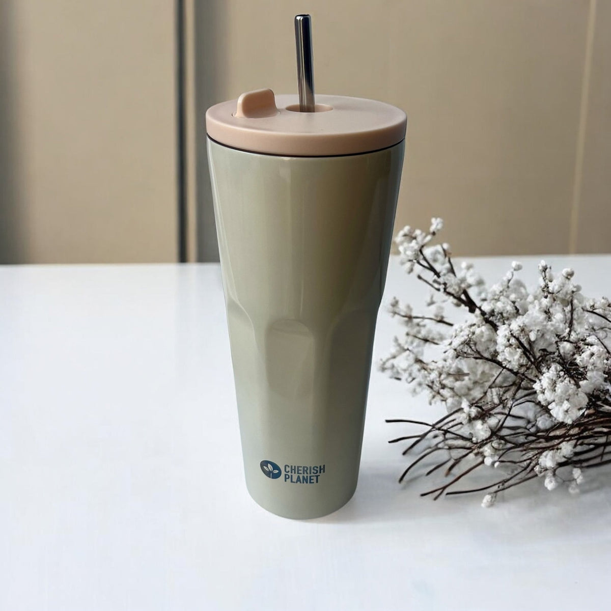 Cherish Planet Beige Thermos Cup with Built - in Straw 700ml - Large Capacity, Leak - Proof, Stylish - Cherish Home