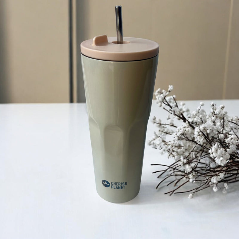 Cherish Planet Beige Thermos Cup with Built - in Straw 700ml - Large Capacity, Leak - Proof, Stylish - Cherish Home