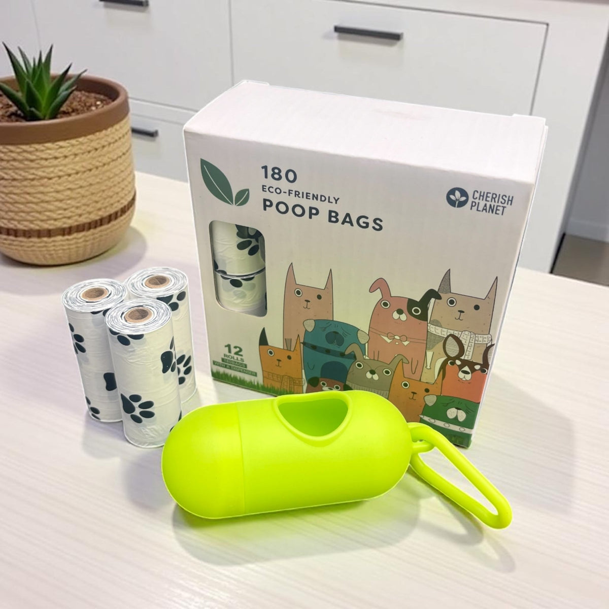 Cherish Planet Dog Poo Bags & Dispenser - Eco - Friendly, Thick Pet Waste Pick Up Bags Dispenser and 12 rolls included - Cherish Home