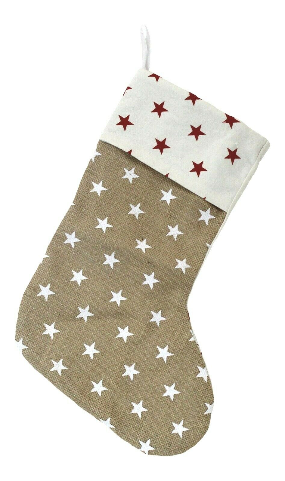 Christmas Stocking Rustic - Neutral Jute Star Print Traditional DÃ©cor Gift Santa - Cherish Home