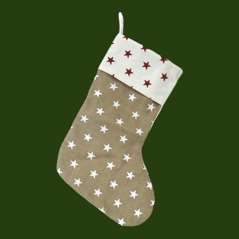 Christmas Stocking Rustic - Neutral Jute Star Print Traditional Stocking - Cherish Home