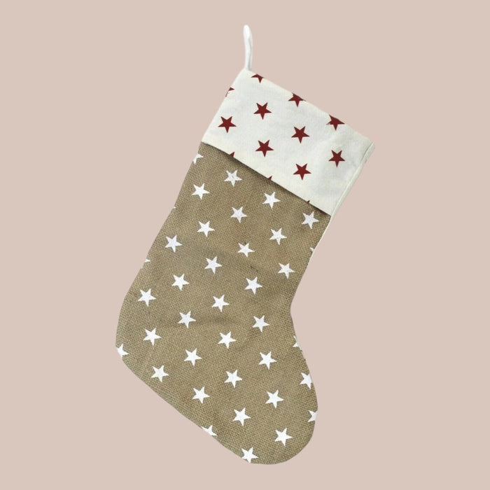 Christmas Stocking Rustic - Neutral Jute Star Print Traditional Stocking - Cherish Home