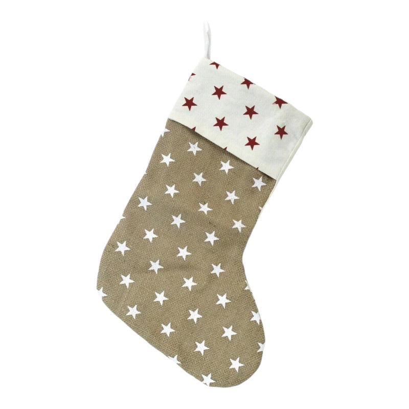 Christmas Stocking Rustic - Neutral Jute Star Print Traditional Stocking - Cherish Home