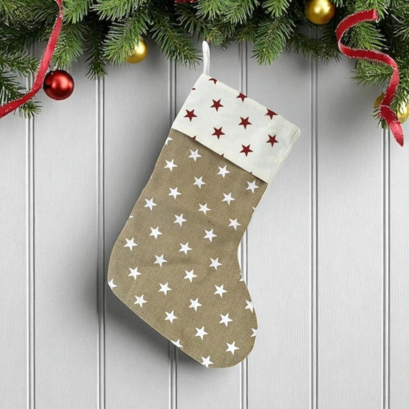 Christmas Stocking Rustic - Neutral Jute Star Print Traditional Stocking - Cherish Home