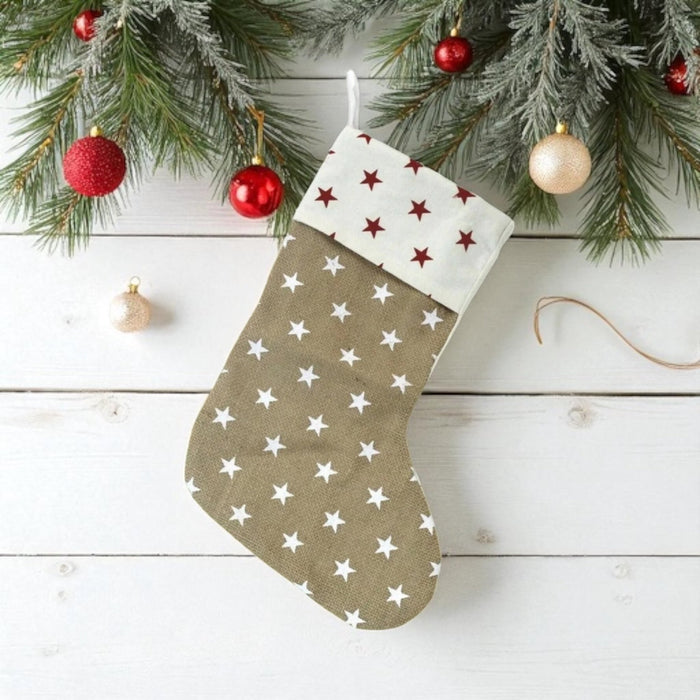 Christmas Stocking Rustic - Neutral Jute Star Print Traditional Stocking - Cherish Home