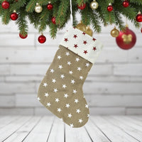 Christmas Stocking Rustic - Neutral Jute Star Print Traditional Stocking - Cherish Home