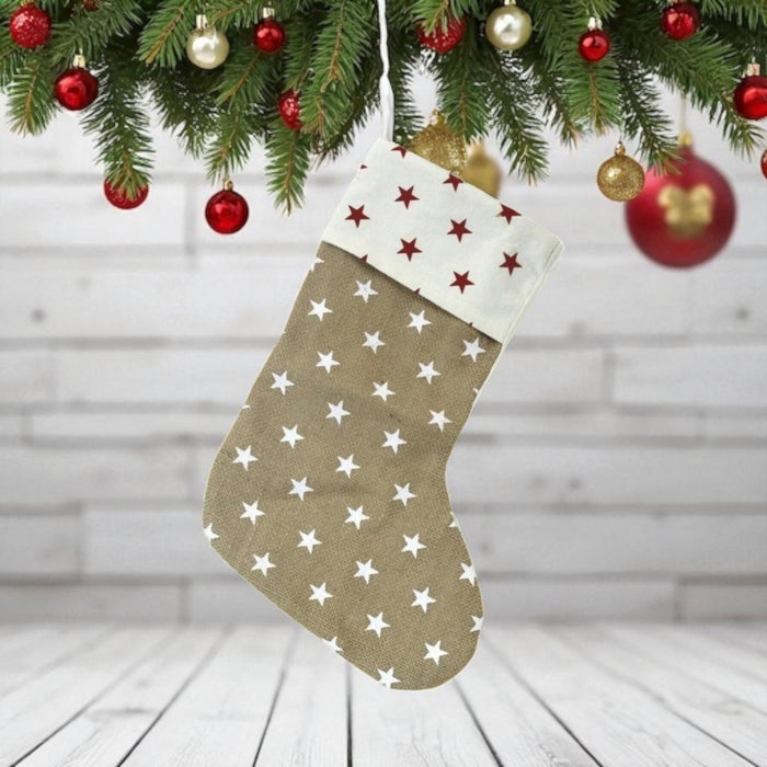 Christmas Stocking Rustic - Neutral Jute Star Print Traditional Stocking - Cherish Home