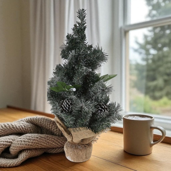 Christmas Trees With Snow Pine Needles and Hessian Ribbon 50cm tall - Cherish Home