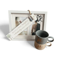 Couple's Wedding Gift Box: "Here's To Love" Pebble Sign, Matching Mugs, and Romantic Heart Photo Frame - Cherish Home