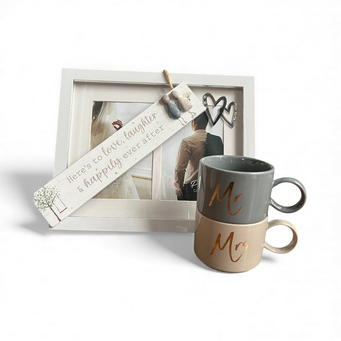 Couple's Wedding Gift Box: "Here's To Love" Pebble Sign, Matching Mugs, and Romantic Heart Photo Frame - Cherish Home