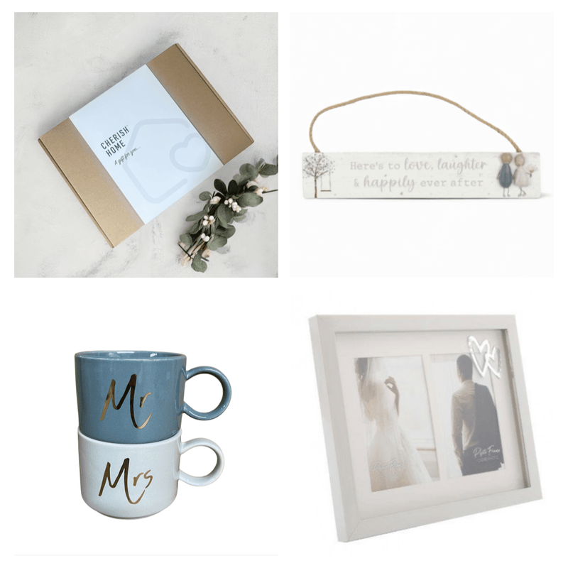 Couple's Wedding Gift Box: "Here's To Love" Pebble Sign, Matching Mugs, and Romantic Heart Photo Frame - Cherish Home