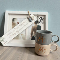 Couple's Wedding Gift Box: "Here's To Love" Pebble Sign, Matching Mugs, and Romantic Heart Photo Frame - Cherish Home