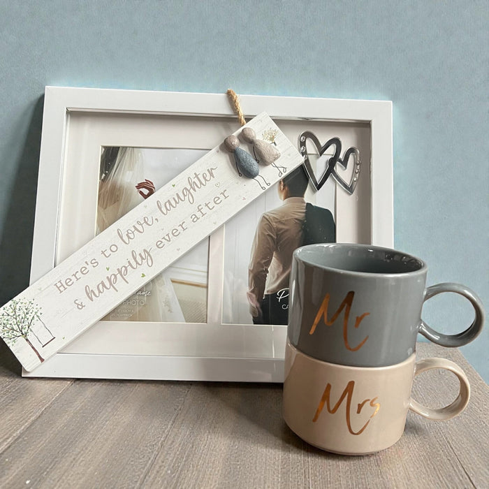 Couple's Wedding Gift Box: "Here's To Love" Pebble Sign, Matching Mugs, and Romantic Heart Photo Frame - Cherish Home