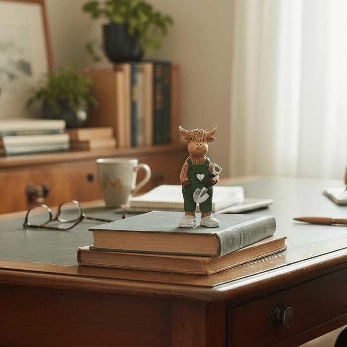 Cow Figurine with Shovel 12cm Decorative Farmhouse Animal Statue, Charming Resin Cow Sculpture for Home - Cherish Home