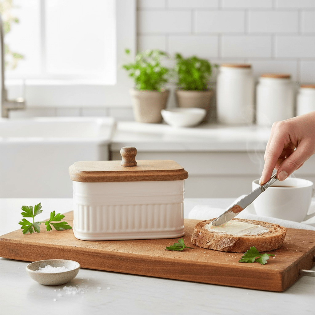 Cream with Mango Wood Lid Butter Dish - Cherish Home