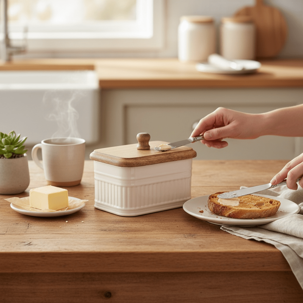 Cream with Mango Wood Lid Butter Dish - Cherish Home