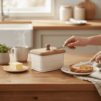 Cream with Mango Wood Lid Butter Dish - Cherish Home