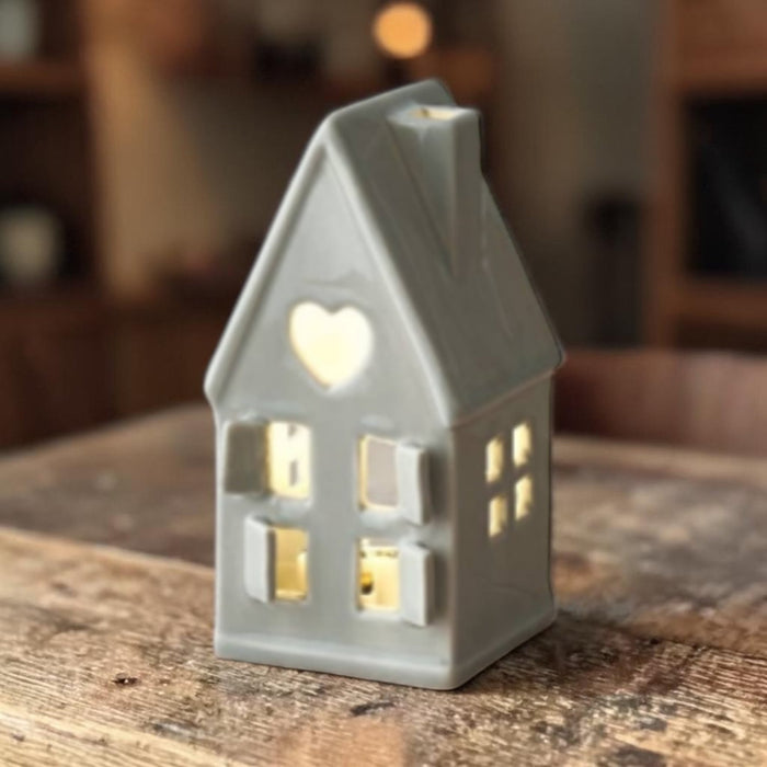 Dainty Grey Ceramic House T - Light Holder 11.5cm - Cherish Home
