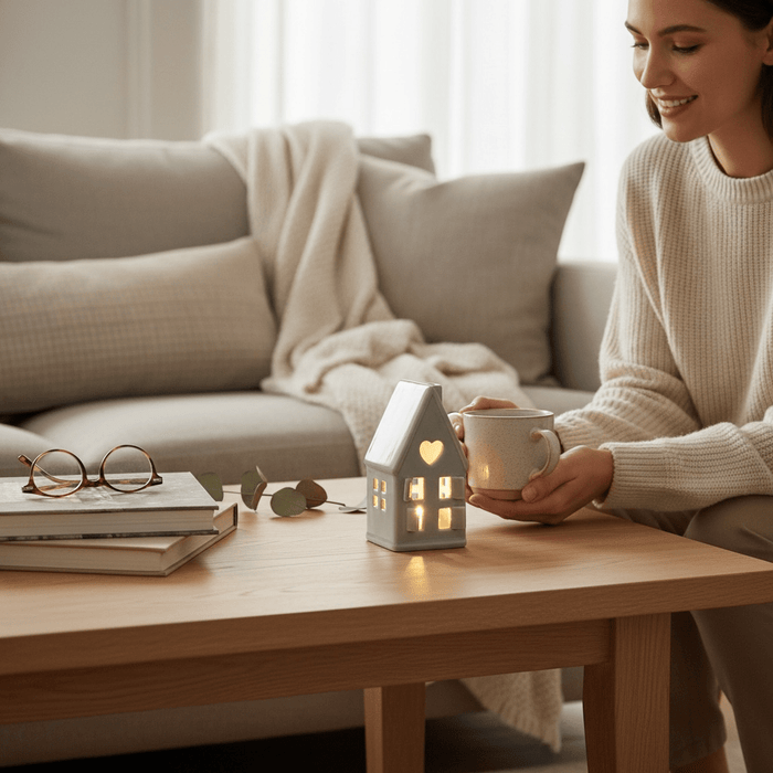 Dainty Grey Ceramic House T - Light Holder 11.5cm - Cherish Home