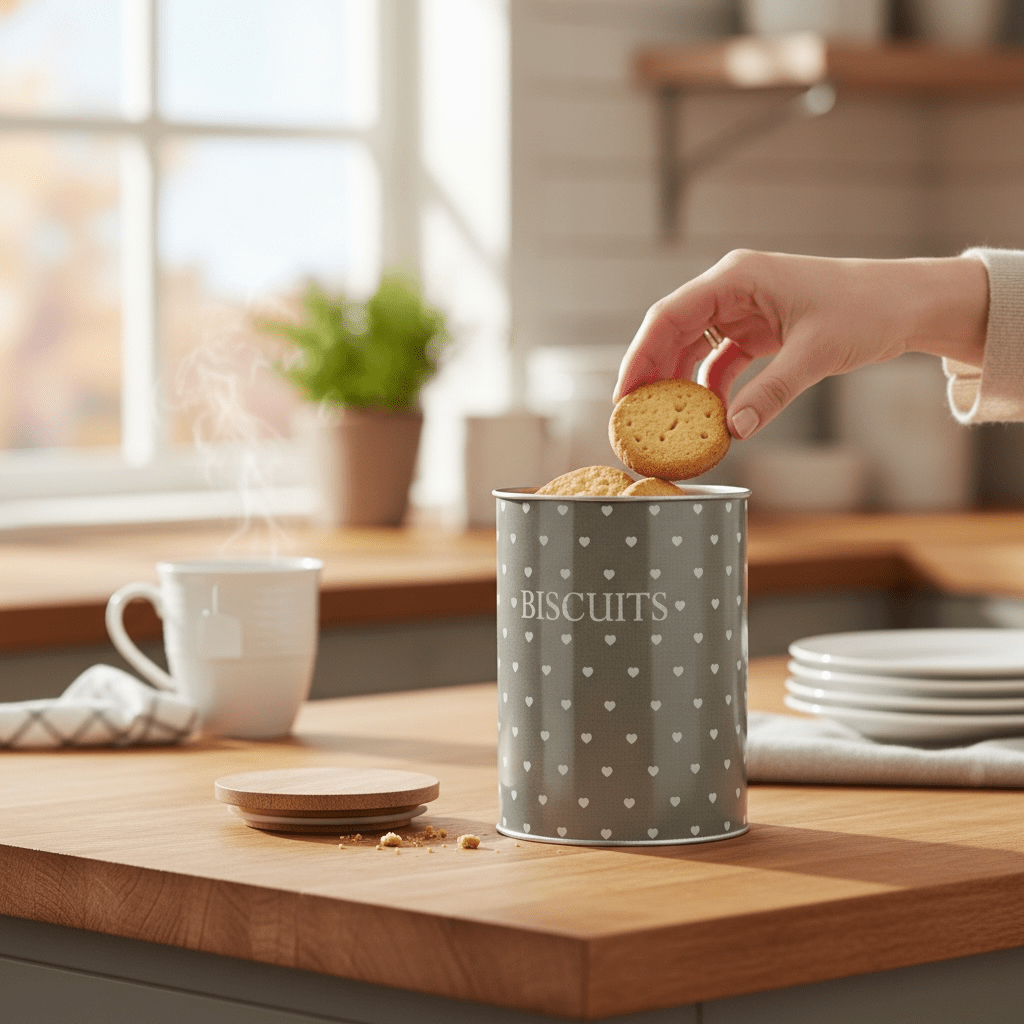 Dark Grey Biscuit Jar with Removable Wooden Lid Heart Design - Cherish Home