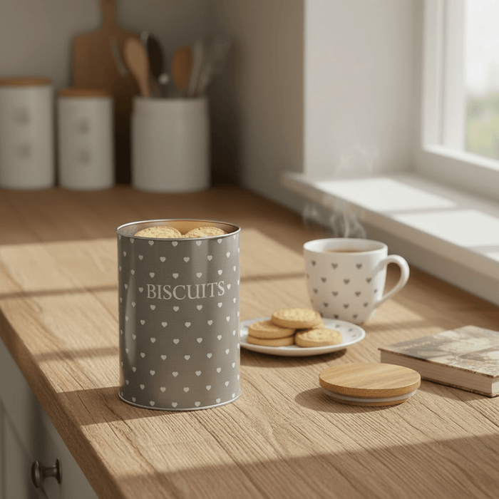 Dark Grey Biscuit Jar with Removable Wooden Lid Heart Design - Cherish Home