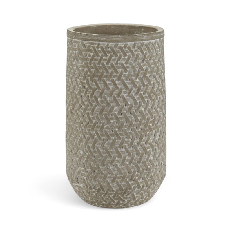 Decorative Grey Cement Flower Vase - Distressed Rattan Cylinder (25cm) For dried or artificial flowers only - Cherish Home