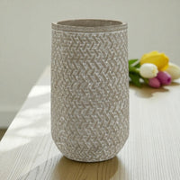 Decorative Grey Cement Flower Vase - Distressed Rattan Cylinder (25cm) For dried or artificial flowers only - Cherish Home