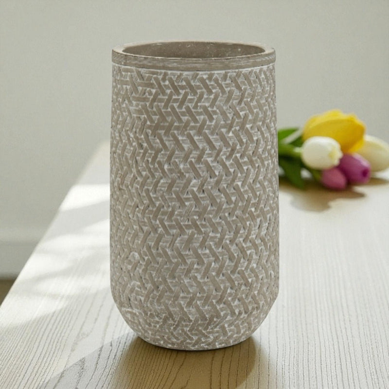 Decorative Grey Cement Flower Vase - Distressed Rattan Cylinder (25cm) For dried or artificial flowers only - Cherish Home