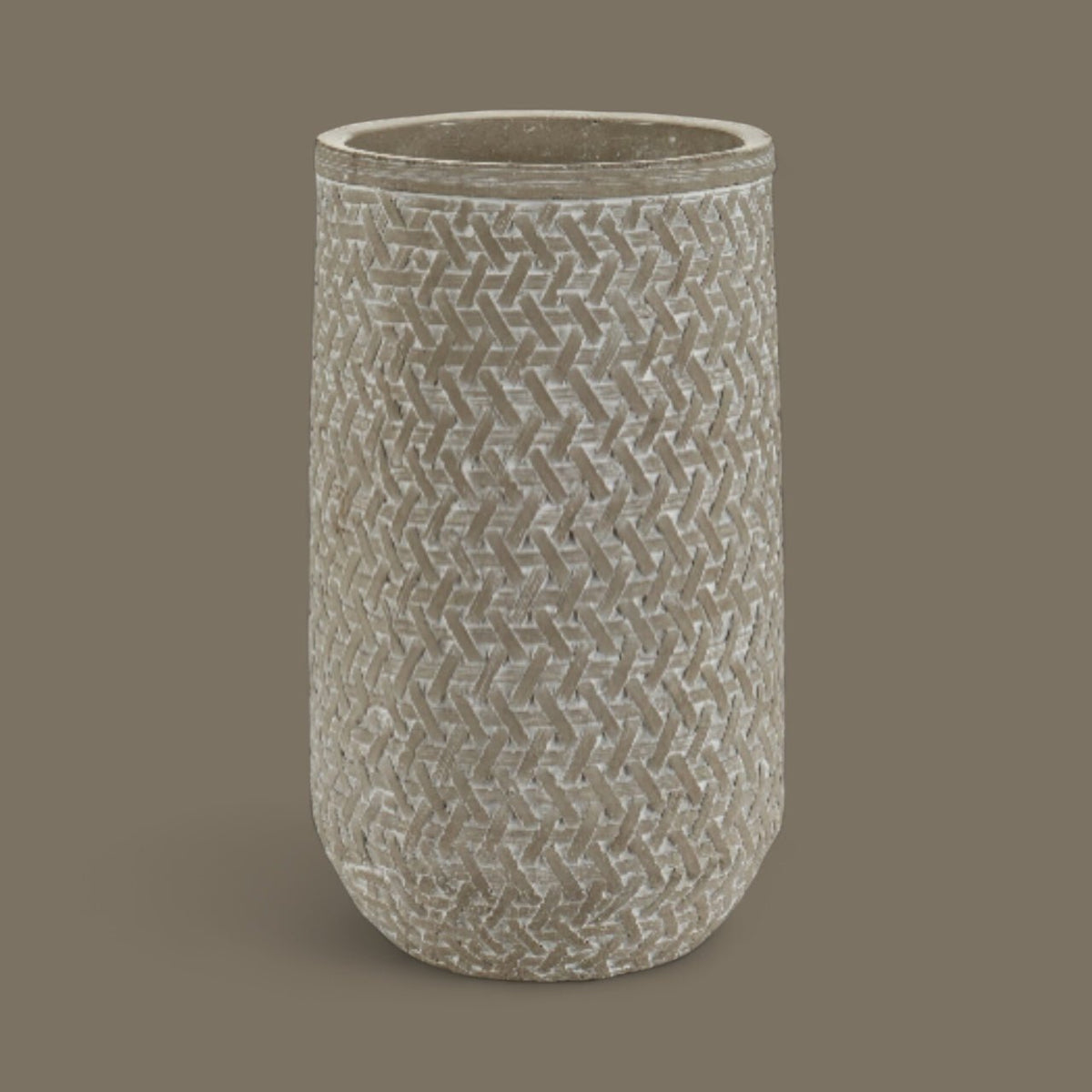 Decorative Grey Cement Flower Vase - Distressed Rattan Cylinder (25cm) For dried or artificial flowers only - Cherish Home
