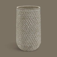 Decorative Grey Cement Flower Vase - Distressed Rattan Cylinder (25cm) For dried or artificial flowers only - Cherish Home