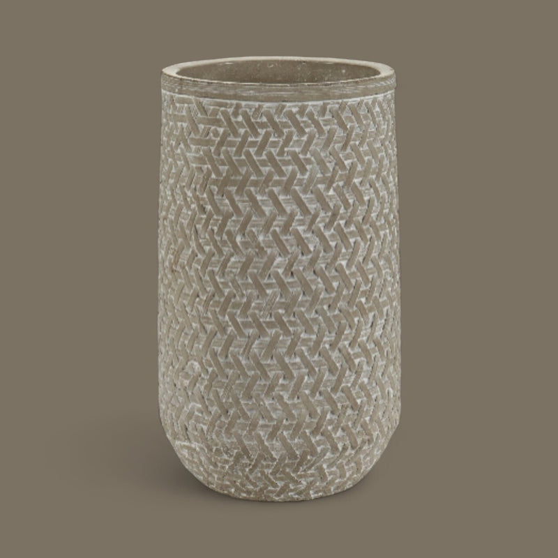 Decorative Grey Cement Flower Vase - Distressed Rattan Cylinder (25cm) For dried or artificial flowers only - Cherish Home