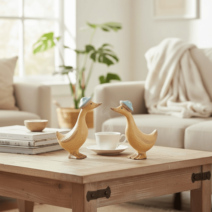 Dewey & Dottie Duck Tan coloured Ornaments with Duck Egg hats - Cherish Home