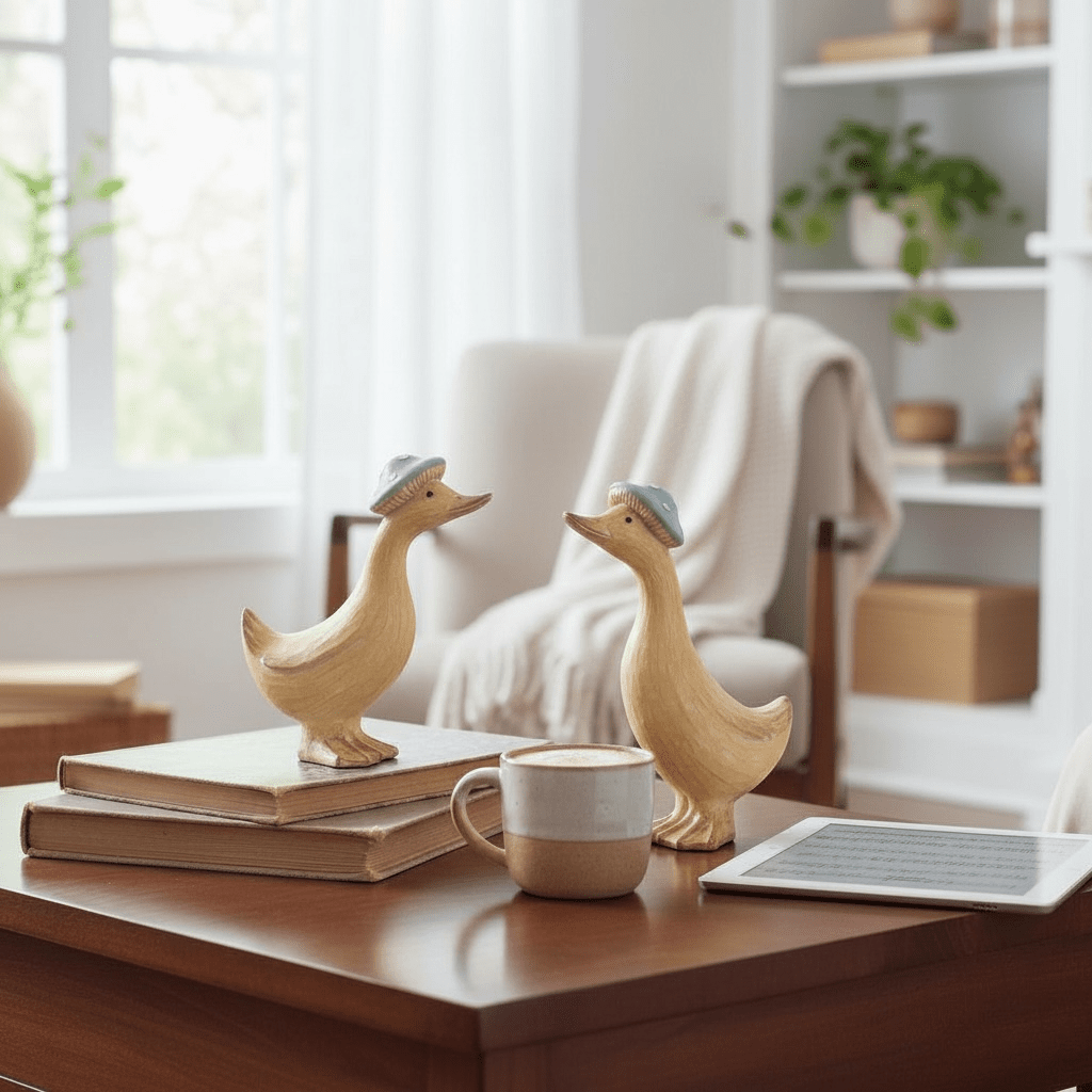 Dewey & Dottie Duck Tan coloured Ornaments with Duck Egg hats - Cherish Home