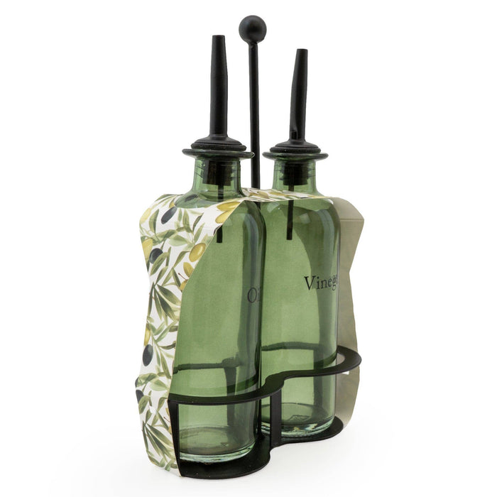 Oil and Vinegar Dispenser Set - Olive Design Glass Bottles for Kitchen, Cruet Set with Pourers for Cooking & Salad Dressing