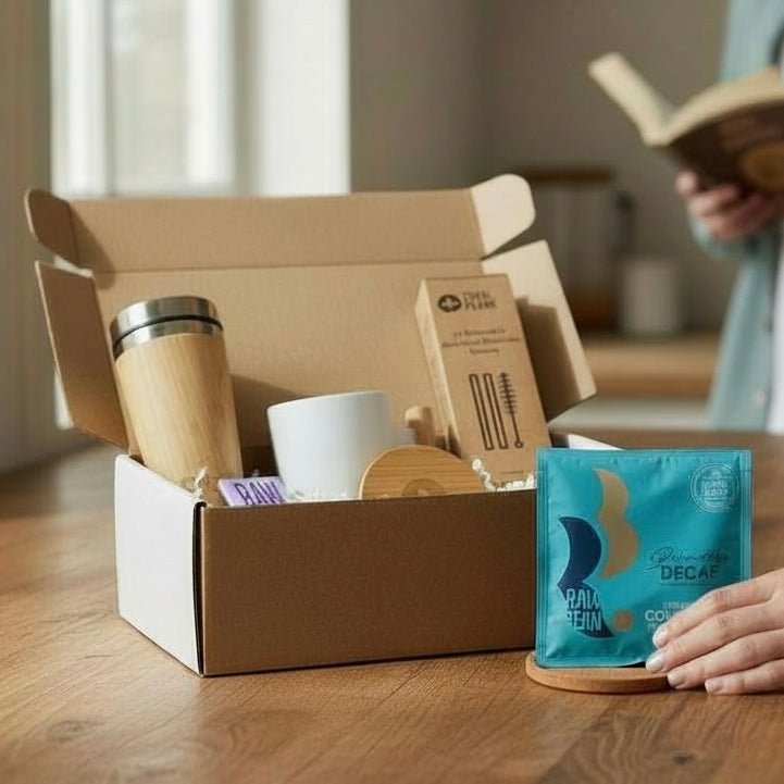 Eco Friendly Coffee Time Gift Set with sustainable Bamboo Mugs & delicious chocolate, Reusable Drinkware Hamper - Cherish Home