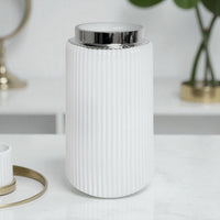 Elegant 26cm White Glass Display Vase Ribbed Texture & Mirrored Trim - Cherish Home