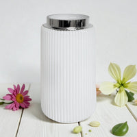 Elegant 26cm White Glass Display Vase Ribbed Texture & Mirrored Trim - Cherish Home