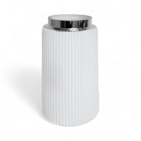 Elegant 26cm White Glass Display Vase Ribbed Texture & Mirrored Trim - Cherish Home