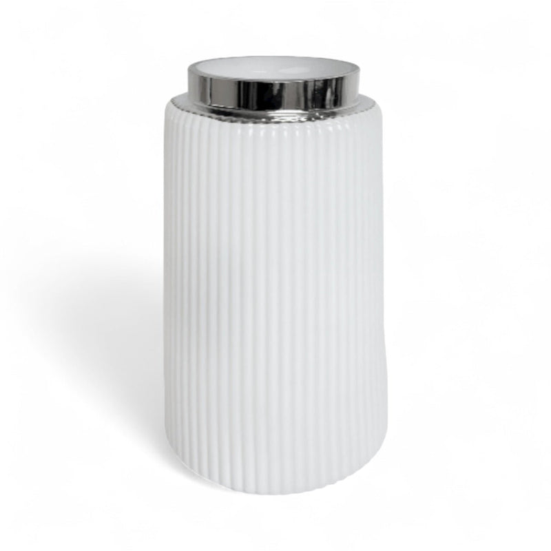 Elegant 26cm White Glass Display Vase Ribbed Texture & Mirrored Trim - Cherish Home