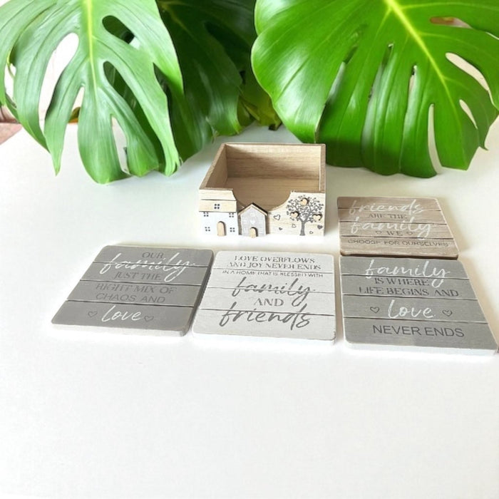 Family & Friends Wooden Coaster Set with Holder - Cherish Home