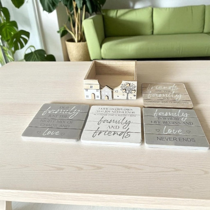 Family & Friends Wooden Coaster Set with Holder - Cherish Home
