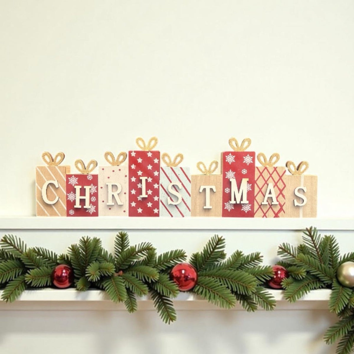 Festive Christmas Present Wooden Block Sign - Cherish Home