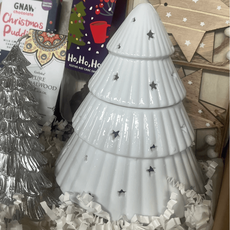 Festive White Christmas Tree Oil Burner - Elegant Ceramic Holiday Wax Warmer - Cherish Home