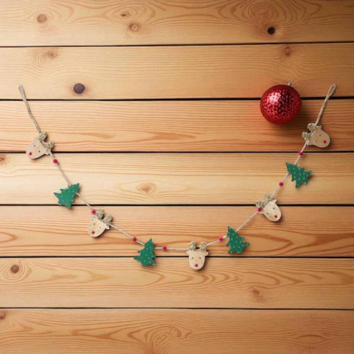 Festive Wooden Reindeer & Tree Garland - 125cm Christmas Decoration for Mantle or Tree - Cherish Home