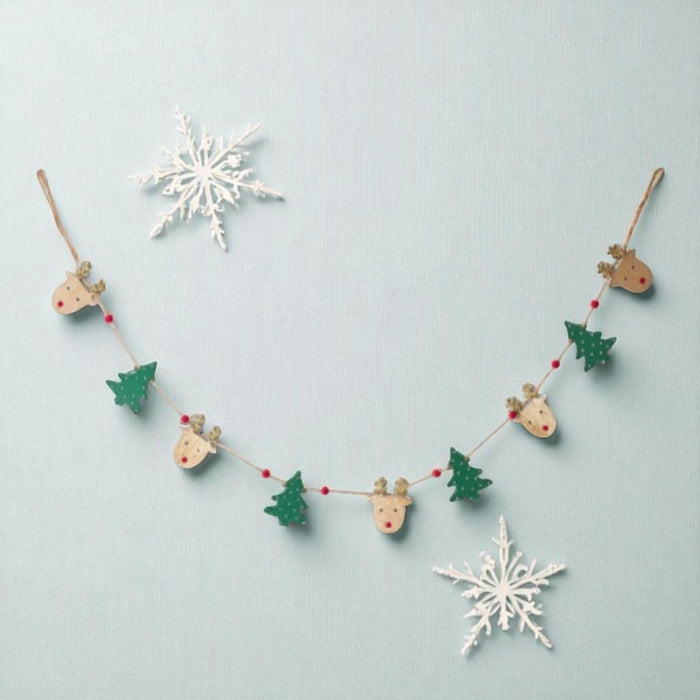 Festive Wooden Reindeer & Tree Garland - 125cm Christmas Decoration for Mantle or Tree - Cherish Home