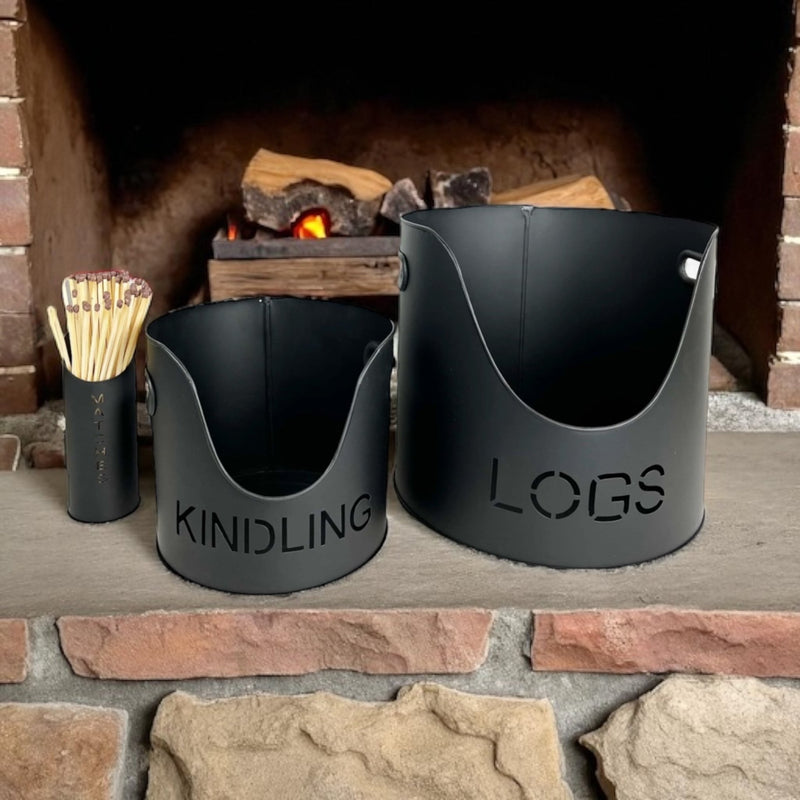 Fire Log & Kindling Buckets with Matchstick Holder Set - Cherish Home