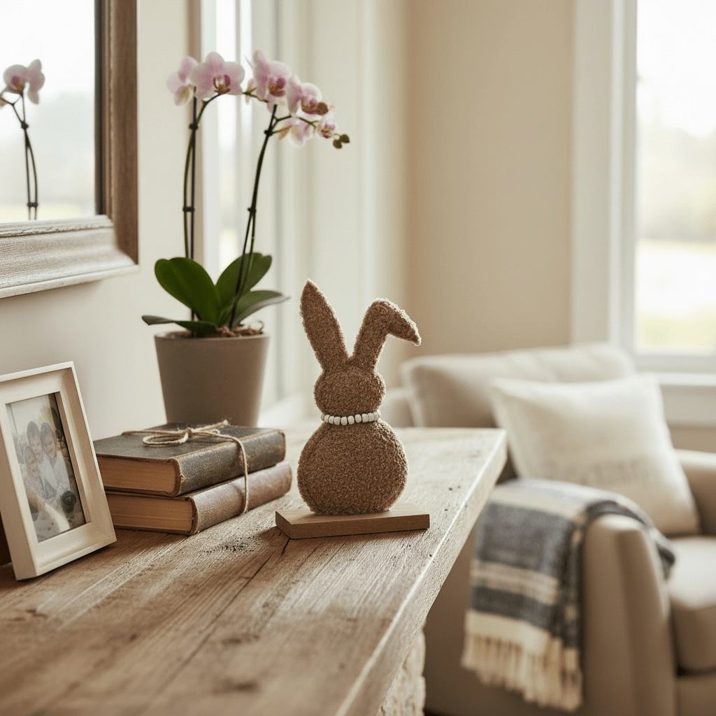 Fluffy Brown Sherpa Rabbit on Wooden Base 17cm Easter Spring decor - Cherish Home