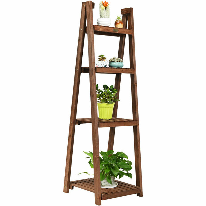 Folding Wooden Plant Stand 4 Tier - Indoor Outdoor Flower Display Rack - Solid Fir Wood - No Assembly Required - Cherish Home